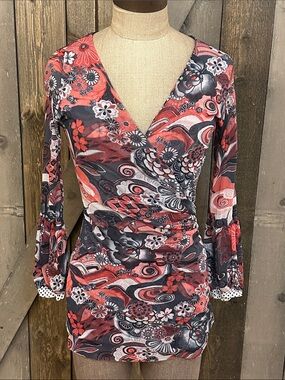Y2K Whimsigoth Red & Black Stretch Mesh Floral Ruched Sheer Sleeve Top SZ Large